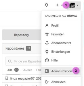 Abbildung 1: &Uuml;ber das pers&ouml;nliche Men&uuml; erreichen Admins die <span class="ui-element">Administratoreinstellungen</span>.