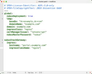 Abbildung 4: Mittels einer solchen <span class="ui-element">cluster.yaml</span> konfiguriert der Administrator die Helm-Charts vor ihrem Deployment. Kommt ein externes PostgreSQL oder S3 zum Einsatz, ist auch dieses in der Konfiguration zu verewigen.