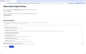 Abbildung 3: Die Image Factory von Talos gibt Admins die Möglichkeit, sich maßgeschneiderte Abbilder der Distribution zu bauen, die auch Zusatzkomponenten wie die kommerziellen Nvidia-Treiber enthalten können.