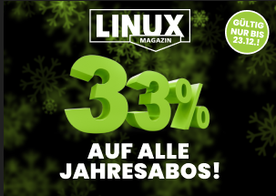 Sichern Sie sich bis zum 23. Dezember. ein Jahresabonnement von Linux-Magazin zum besonders günstigen Preis.