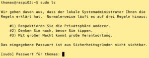 Abbildung 3: Sudo weist den User initial auf seine Verantwortung hin.