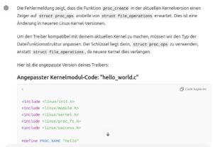 Abbildung 3: ChatGPT verwendet häufig veraltete Funktionen. Dabei kennt die KI sich mit aktuellen Kerneln aus.