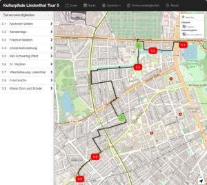 Abbildung 3: Über die <span class="ui-element">Kulturpfade</span> lassen sich Sehenswürdigkeiten bei einem Spaziergang im Stadtbezirk Lindenthal entlang einer vorgeschlagenen Route verbinden. Quelle: Stadt Köln