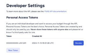 Abbildung 6: YNAB r&uuml;ckt auf Anfrage ein API-Token heraus.