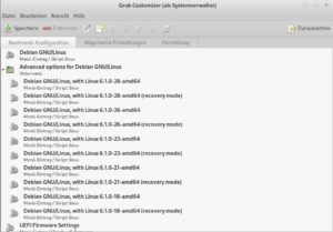 Abbildung 4: Bei regelmäßig aktualisierten Systemen fällt die Übersicht der Booteinträge in Grub Customizer unter Umständen etwas unübersichtlich aus.
