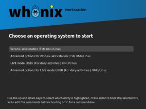 Abbildung 10: Im Grub-Bootmenü von Whonix wählen Sie zwischen der Workstation und dem Live-Modus.