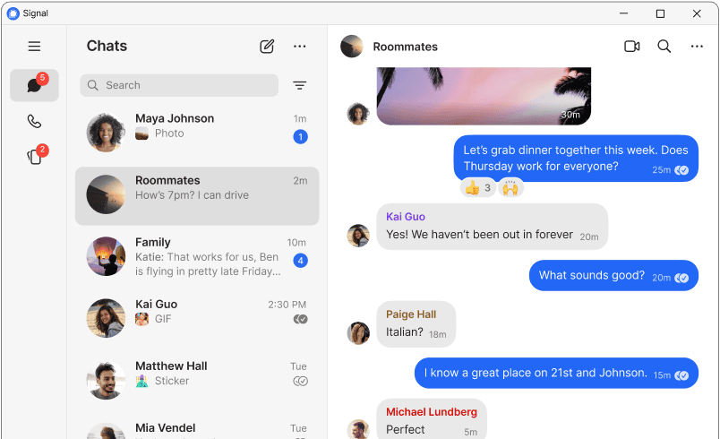 Die größte Neuerung gibt es bei der Desktop Version von Signal. Hier können mit der neuen Version 7.51 neben Stickern und Emojis nun auch animierte GIFs gesucht und versendet werden. Quelle: Signal