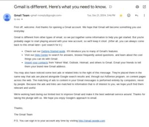 Abbildung 2: Zwar nicht mehr im alten Layout, aber immer noch vorhanden – die erste E-Mail in meinen Gmail-Postfach. Letzteres bot für damalige Verhältnisse mit 1 GByte sagenhaft viel Speicherplatz.