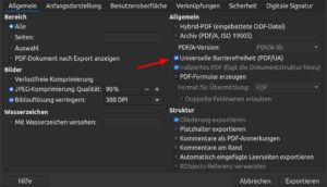 Abbildung 1: Dieser Dialog erlaubt den Export eines barrierefreien PDFs aus LibreOffice.