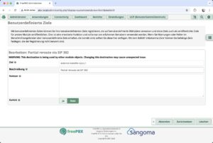 Abbildung 4: Ein <span class="ui-element">Benutzerdefiniertes Ziel</span> schafft in FreePBX den Verweis von einer h&auml;ndisch angelegten Extension zu einem Objekt in FreePBX selbst, das sich an anderer Stelle &ndash; etwa als Ausweichziel einer Nebenstelle &ndash; nutzen l&auml;sst.