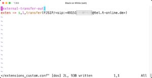 Abbildung 5: In der Datei &raquo;extensions_custom.conf&laquo; ist die Nebenstelle <span class="ui-element">external-transfer-out</span> zu definieren, damit mittels des <span class="ui-element">Benutzerdefinierten Ziels</span> aus Asterisk Anrufe dorthin weitergeleitet werden.