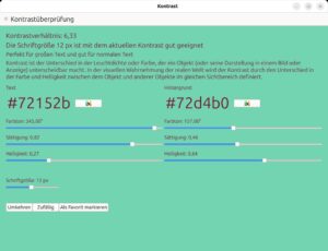 Abbildung 3: Die Anwendung Kontrast der KDE-Entwickler bewertet den Kontrast zweier Farben. Farbpipetten helfen bei der Auswahl.