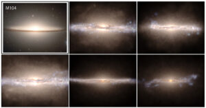 Abbildung 3: Vergleich einer realen Galaxie (M104, oben links) mit simulierten Galaxien des IllustrisTNG-Projekts.