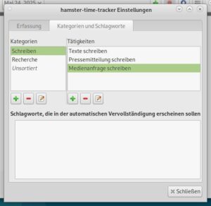 Abbildung 3: Hamster erwartet eine Kategorisierung der zu erfassenden Tätigkeiten.