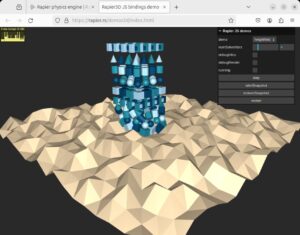 Abbildung 5: Rapier lässt Objekte auch in 3D kollidieren. Um eine Visualisierung wie hier muss man sich bei den meisten Physik-Engines übrigens selbst kümmern.