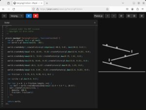 Abbildung 9: Planck.js zeigt hier anschaulich, wie wenig Code mit einer Physik-Engine notwendig ist, um Klötzchen mehrere schiefe Ebenen herunterpurzeln zu lassen.