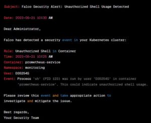 Abbildung 4: Anhand von Systemaufrufen und dem analysierten Netzwerkverkehr erkennt Falco potenziell problematische Ereignisse wie den Aufruf einer Shell in einem Container.