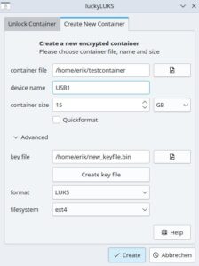 Abbildung 5: Im Programmfenster von LuckyLUKS legen Sie durch wenige Eingaben eine Containerdatei an.