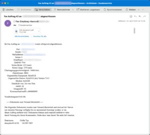 Abbildung 5: Das ist kein qualifizierter Sendebericht, weil die anhängende PDF-Datei die Fax-Metadaten nicht enthält. Hylafax lässt sich aber so einrichten, dass es Berichte verfasst, die deutschen Standards genügen.