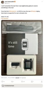 Abbildung 1: Der Alpha-Test der Pebble 2 Duo ist abgeschlossen. Aus der Community konnte das Entwicklerteam bereits wertvolles Feedback sammeln. Quelle: Josh Cohenzadeh / https://x.com/jshchnz/status/1945156513535848581