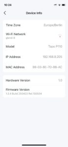 Abbildung 4: Die IP-Adresse des Steckers steht unter <span class="ui-element">Device Info</span> in der App.