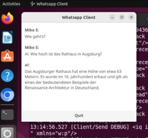 Abbildung 4: Die Fyne-GUI des Whatsmeow-Clients protokolliert den Chat mit.