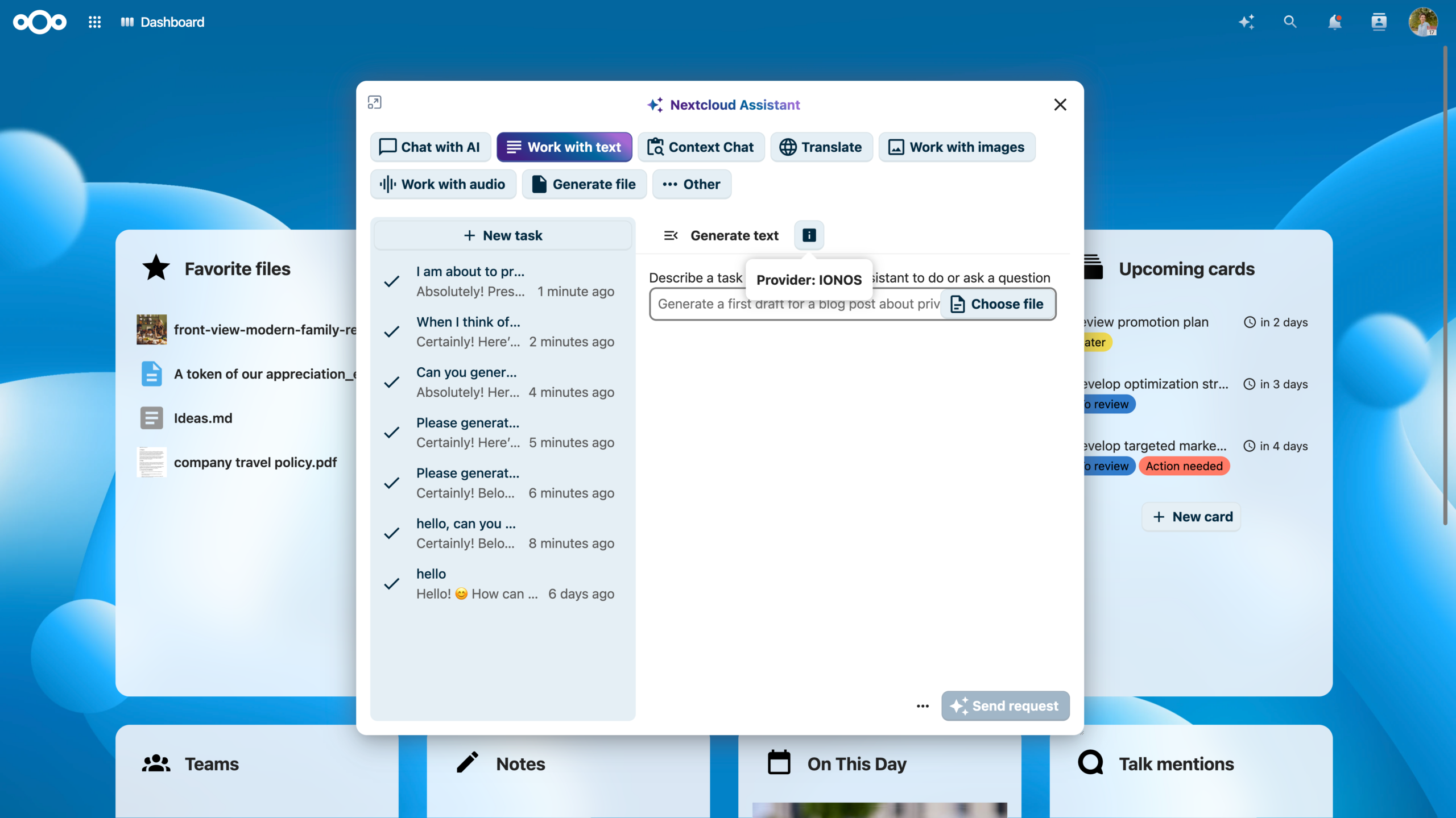Nextcloud Assistant zeigt den genutzten KI-Anbieter, hier IONOS