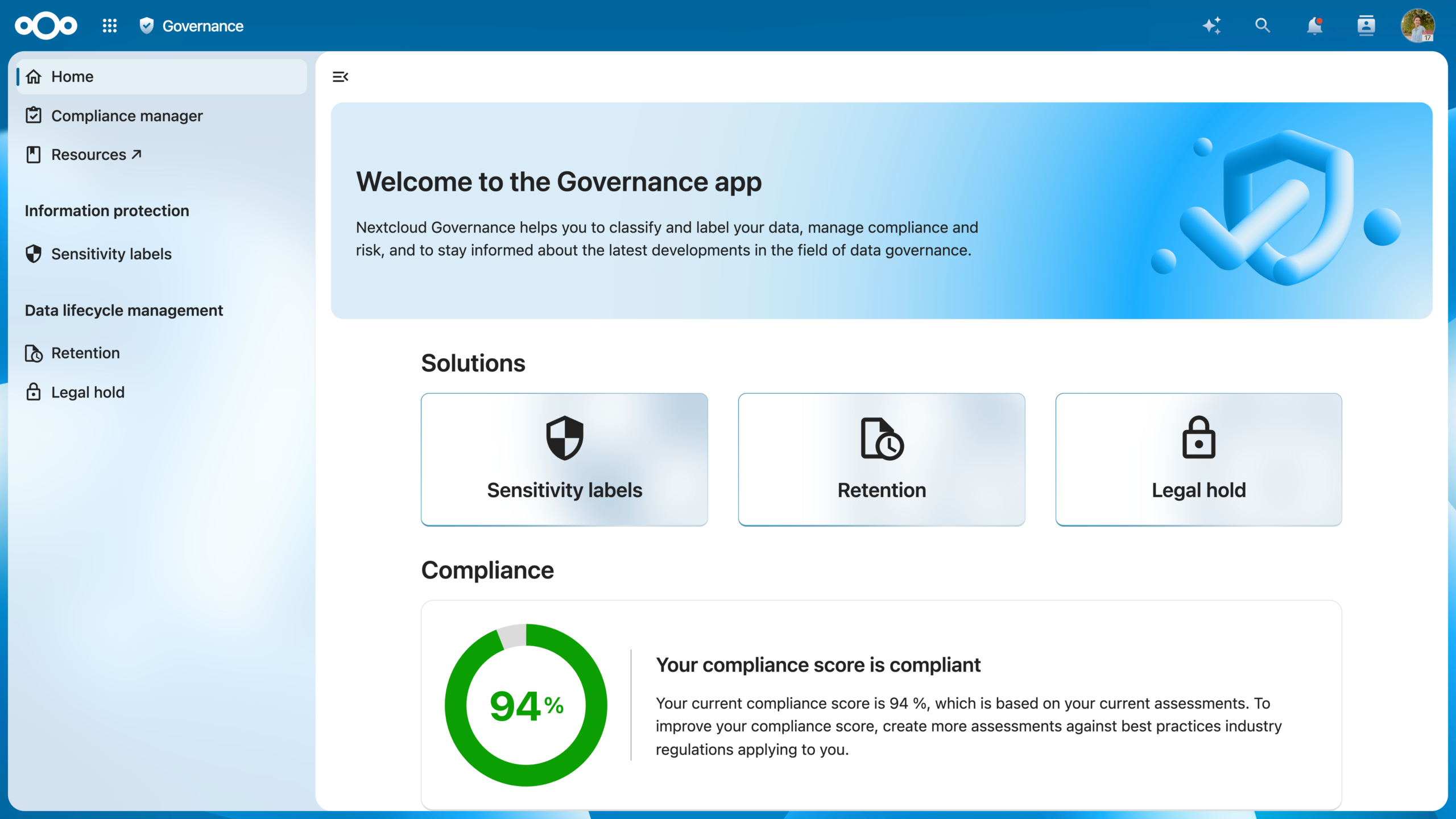 Governance-App in Nextcloud mit Compliance-Score und den Bausteinen Sensitivity Labels, Retention und Legal Hold