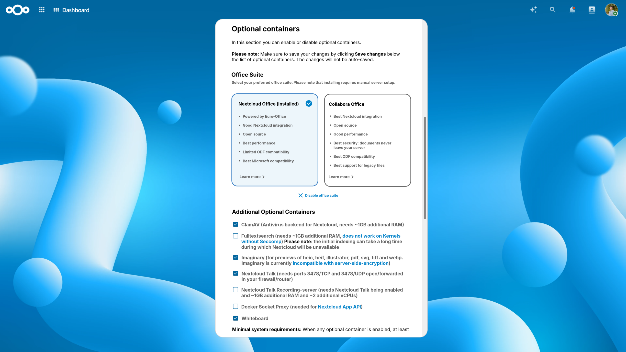 Auswahl zwischen Nextcloud Office auf Euro-Office-Basis und Collabora in Nextcloud AIO