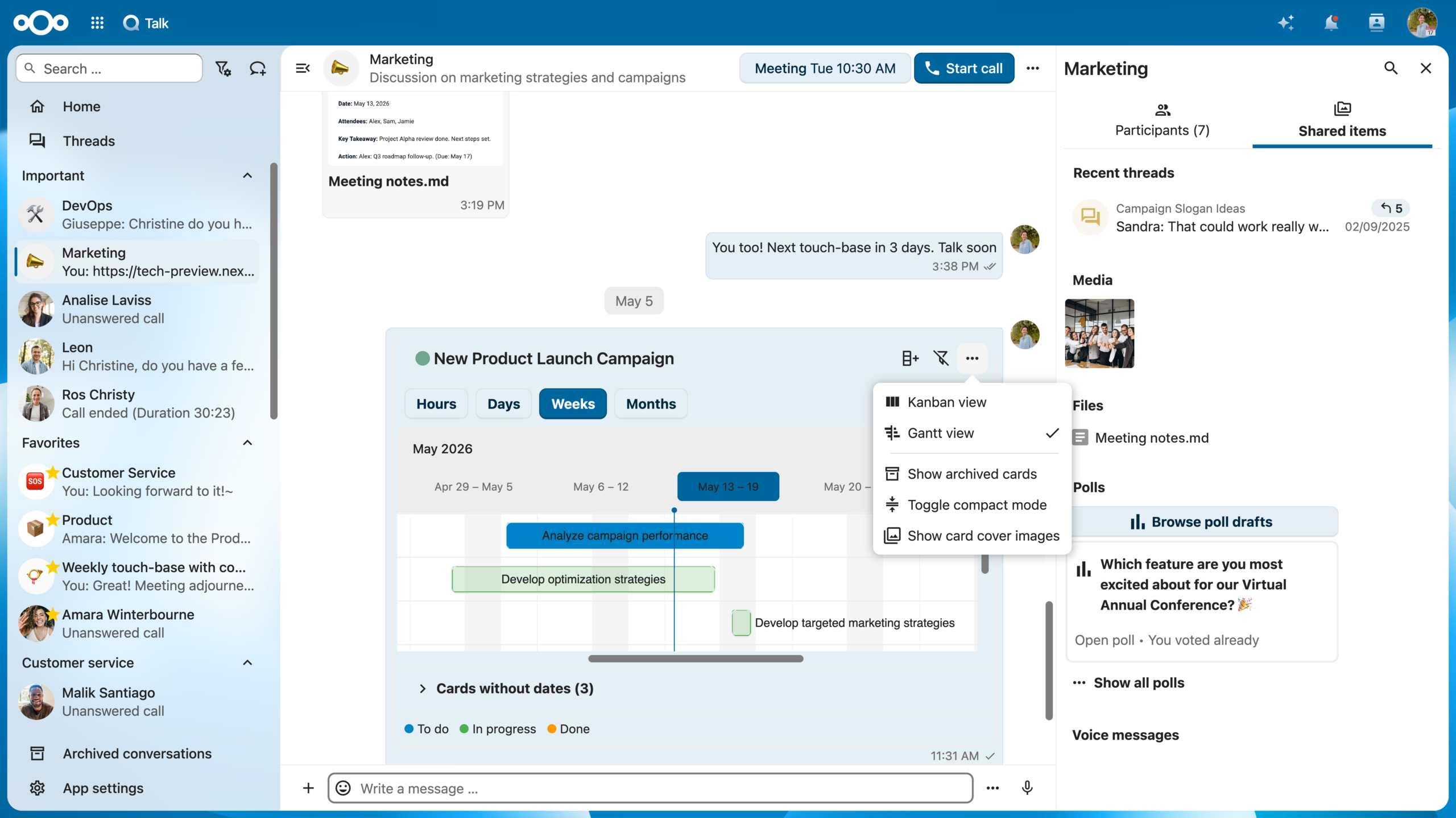 In Nextcloud Talk geteilte Gantt-Ansicht