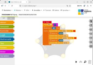 Abbildung 1: Das Open Roberta Lab nutzt eine grafische Programmierung, bei der die Kinder aus Aktionsblöcken ein Ablaufdiagramm zusammenklicken.
